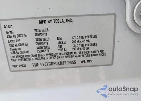 2021 Tesla Model Y Standard Range Rear-Wheel Drive from USA, damaged, VIN 5YJYGDEDXMF109655